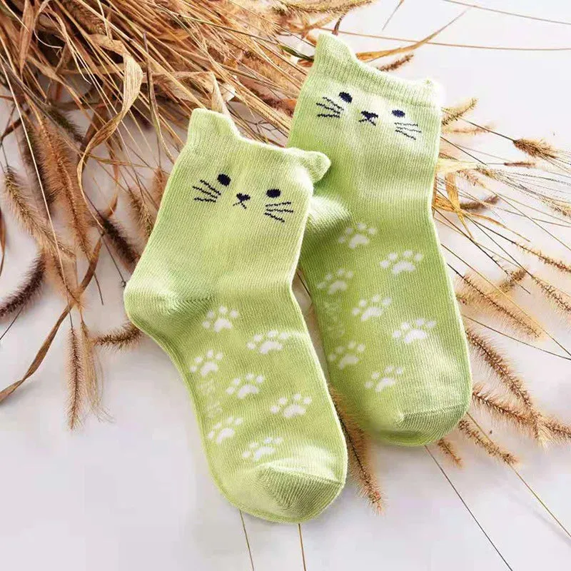 1 pair Kids Socks Cotton Lovely Cat Ear Footprints Candy Color Tube Socks Girls Boys Children Cartoon Animal Print Socks Fashion