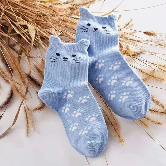 1 pair Kids Socks Cotton Lovely Cat Ear Footprints Candy Color Tube Socks Girls Boys Children Cartoon Animal Print Socks Fashion