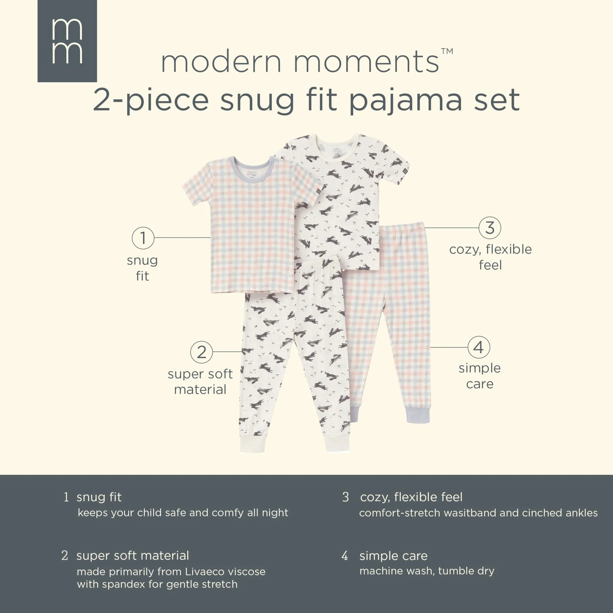 4-Piece Infant & Toddler Neutral Blue Plaid Snug Fitting Pajamas