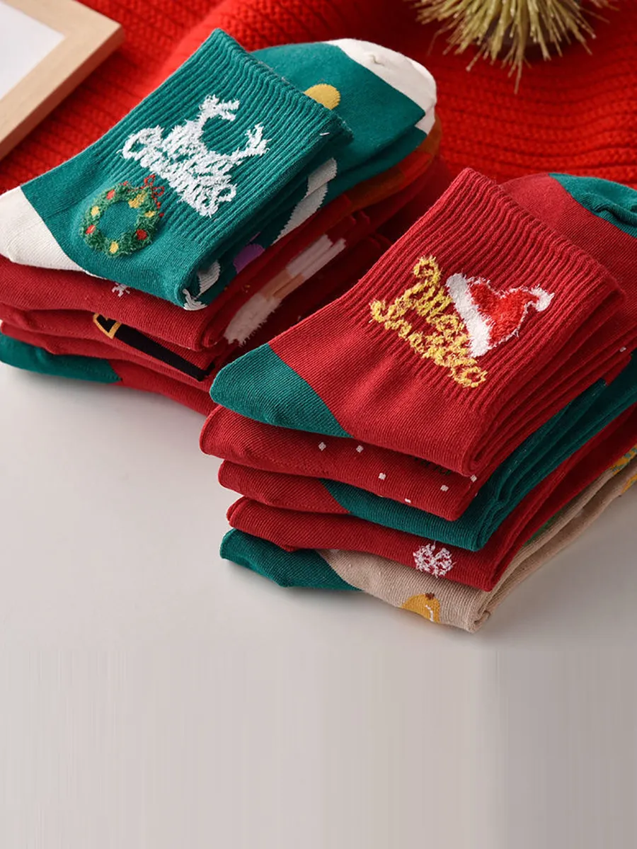 5 Pairs Chirstmas Red Cotton Socks