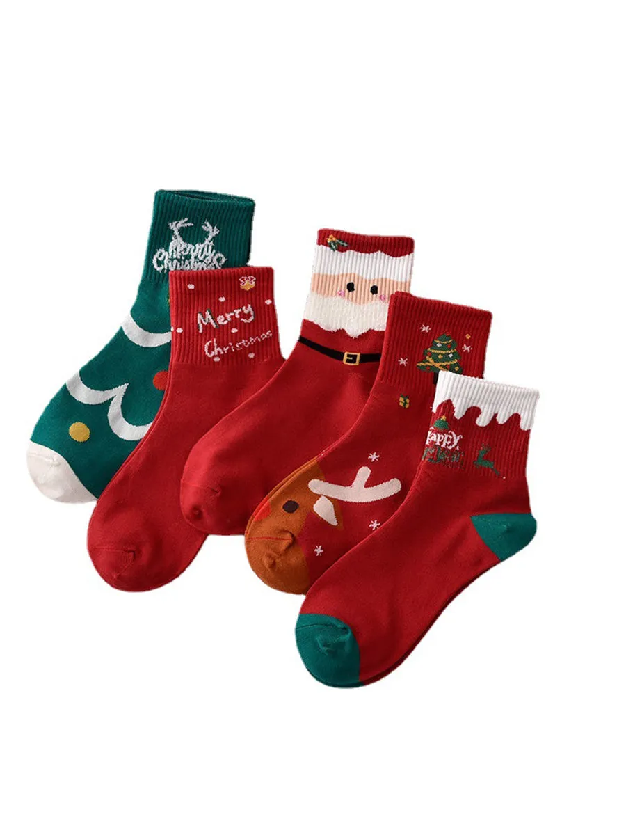 5 Pairs Chirstmas Red Cotton Socks