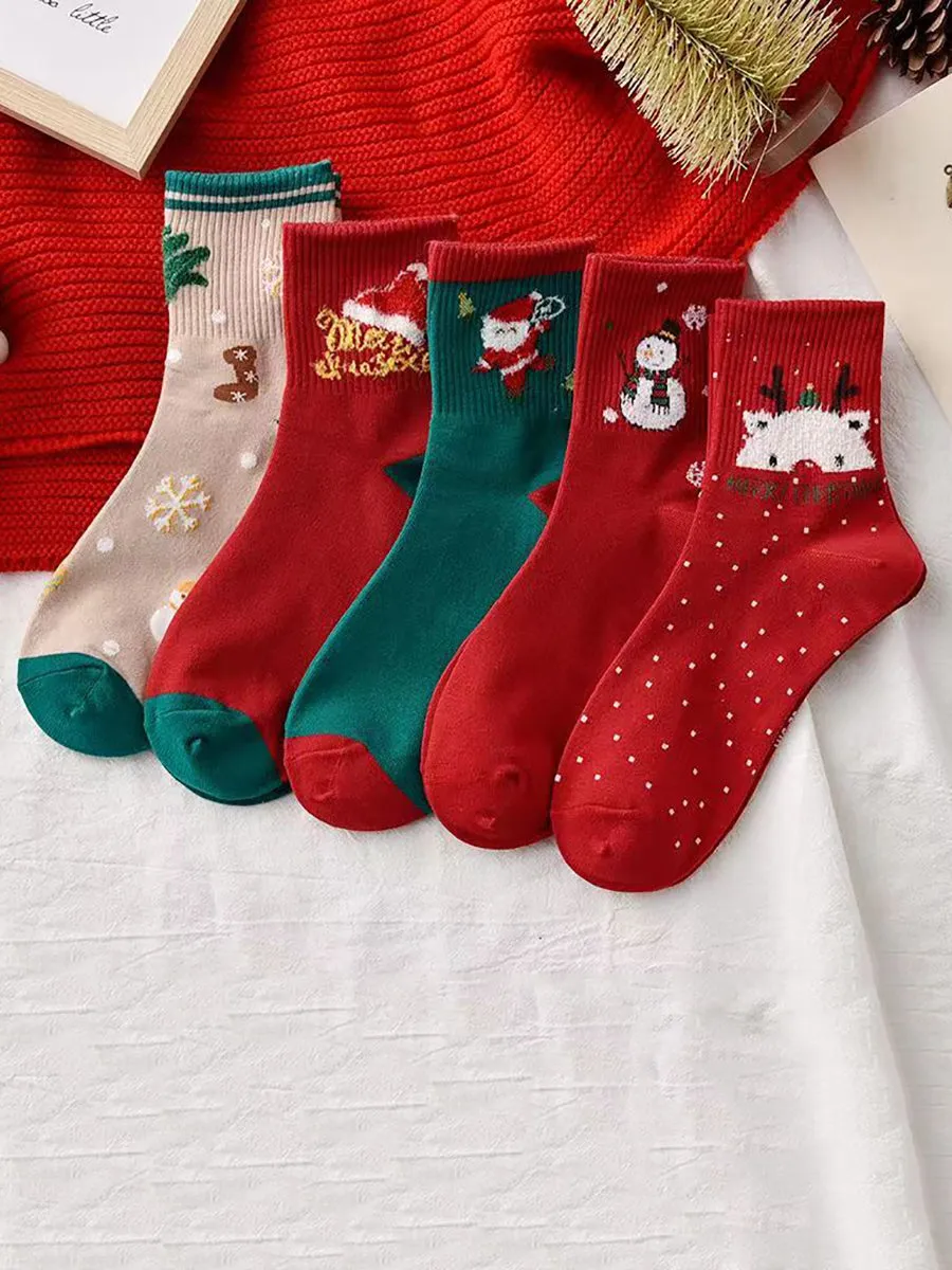 5 Pairs Chirstmas Red Cotton Socks