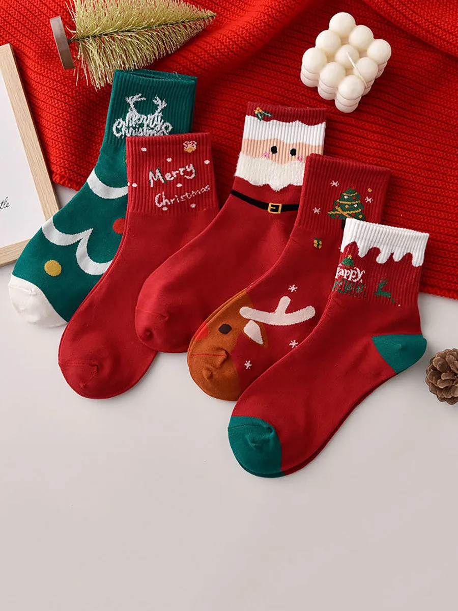 5 Pairs Chirstmas Red Cotton Socks