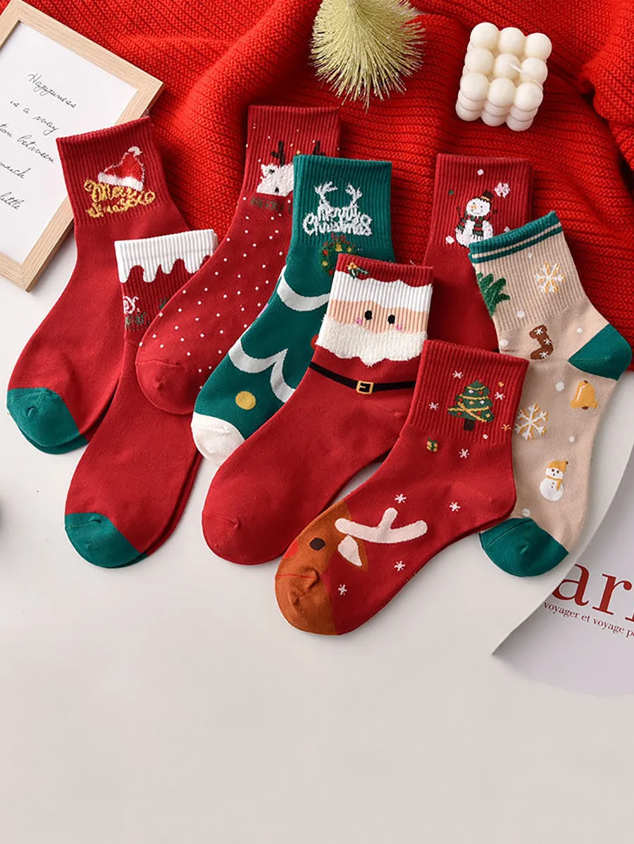 5 Pairs Chirstmas Red Cotton Socks