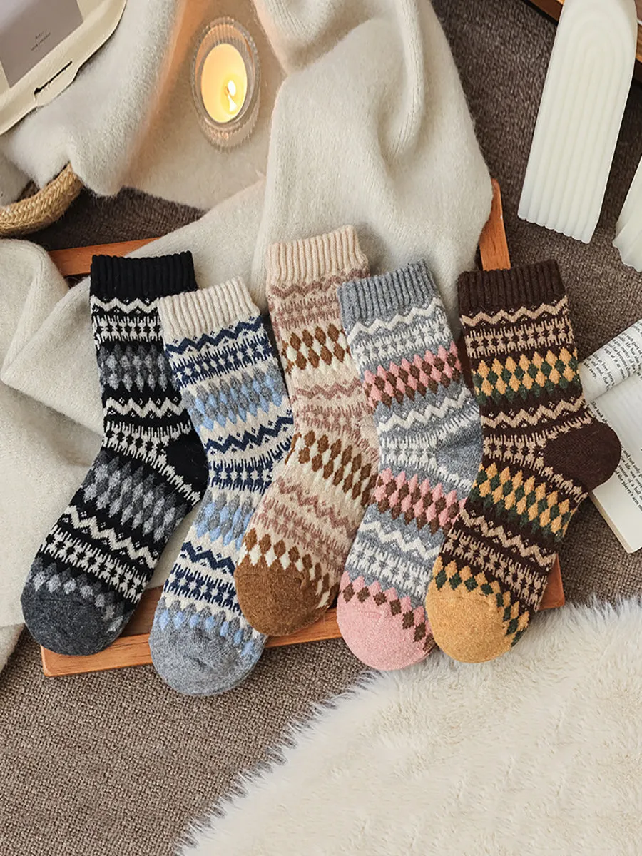 5 Pairs Women Winter Wool Rhomboids Socks