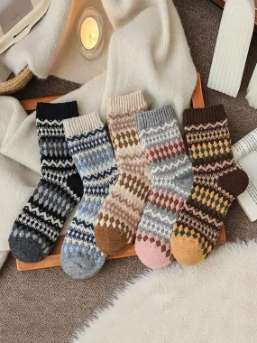 5 Pairs Women Winter Wool Rhomboids Socks