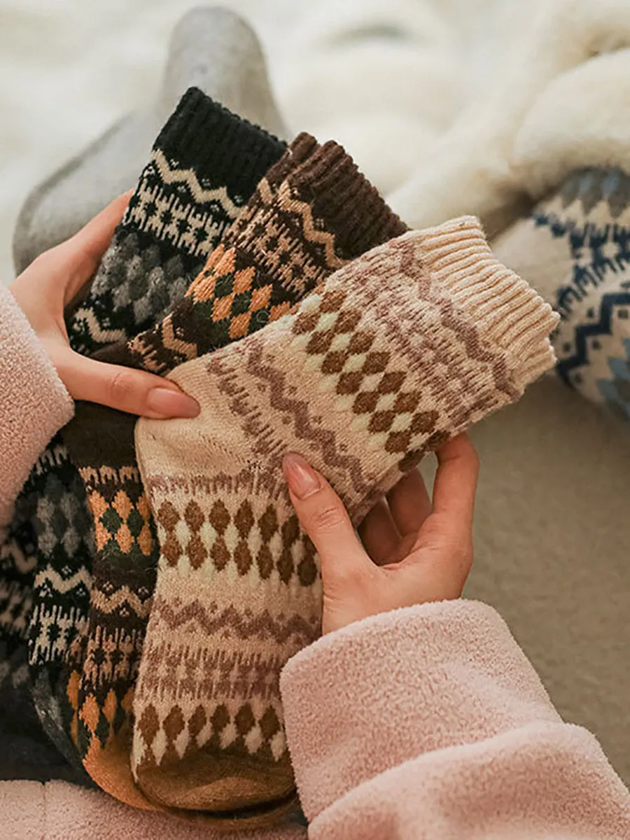5 Pairs Women Winter Wool Rhomboids Socks