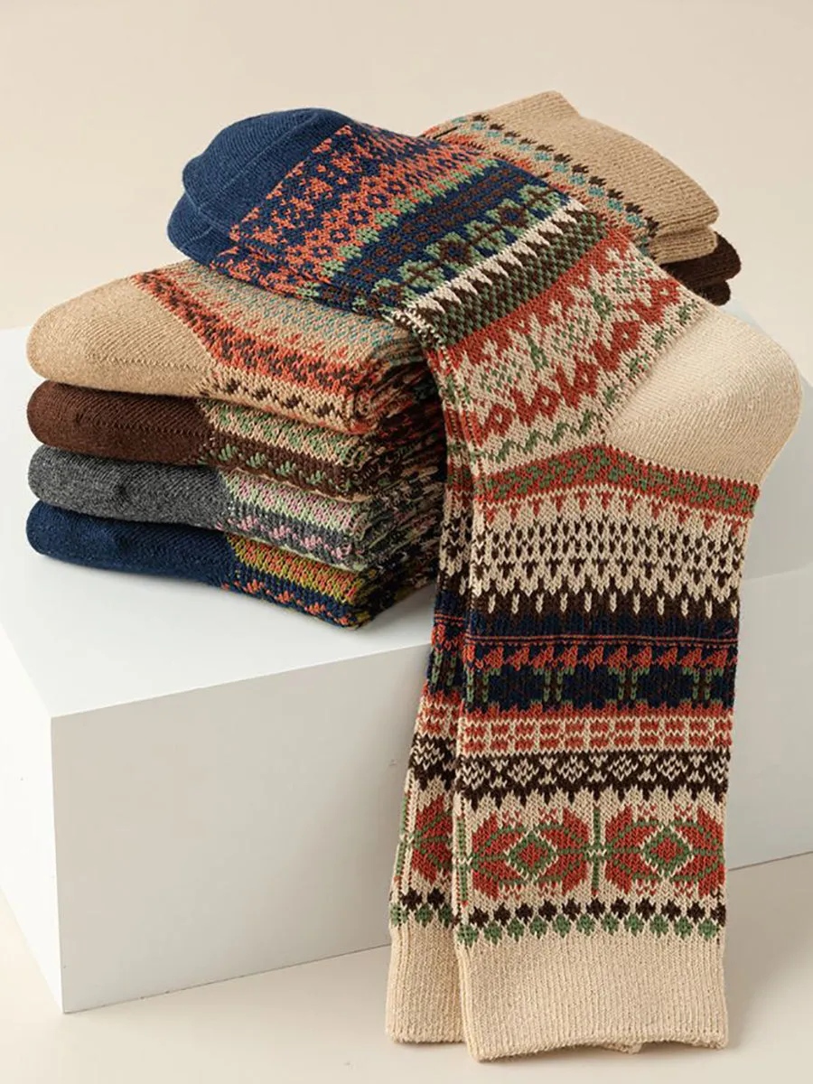 6 Pairs Women Winter Vintage Floral Knit Cotton Socks