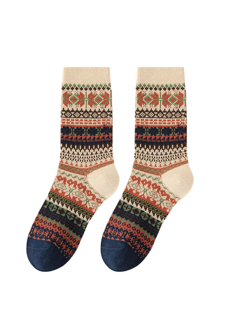 6 Pairs Women Winter Vintage Floral Knit Cotton Socks