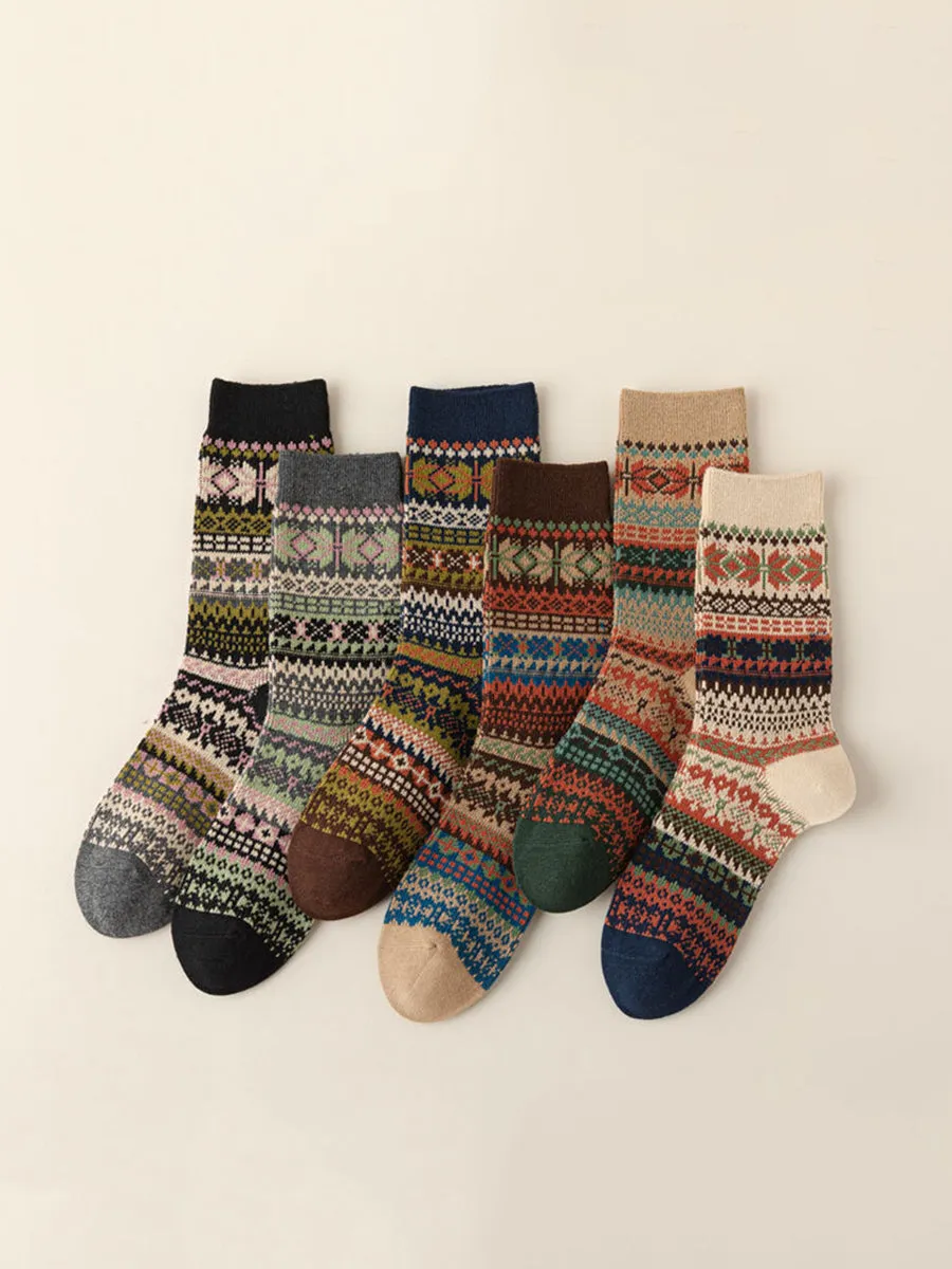 6 Pairs Women Winter Vintage Floral Knit Cotton Socks