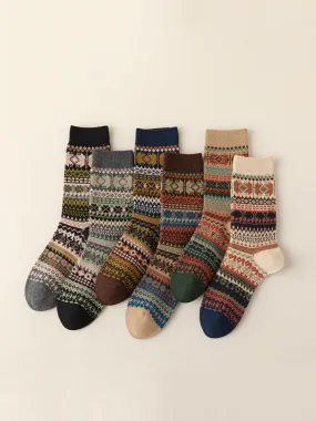 6 Pairs Women Winter Vintage Floral Knit Cotton Socks