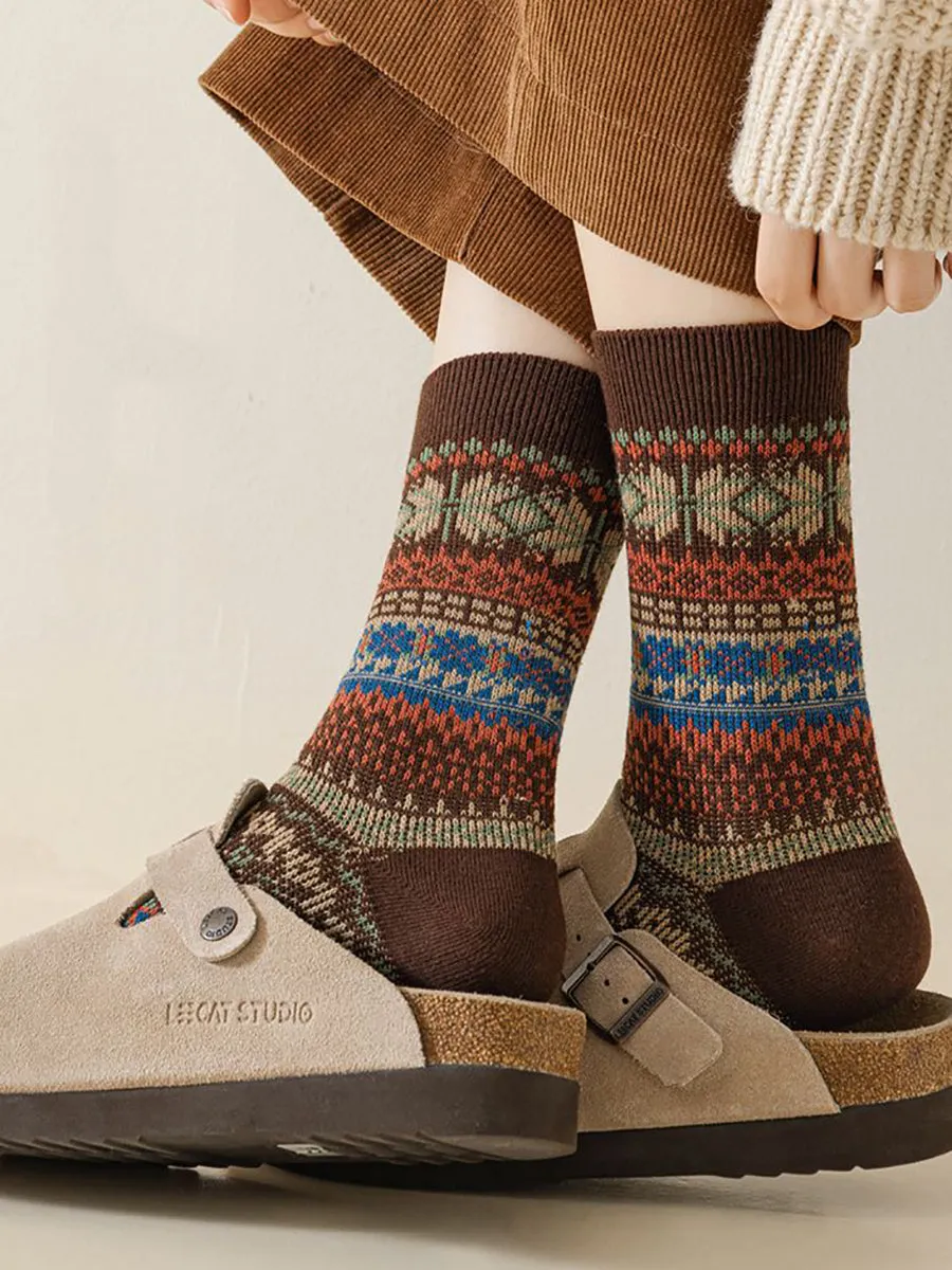 6 Pairs Women Winter Vintage Floral Knit Cotton Socks