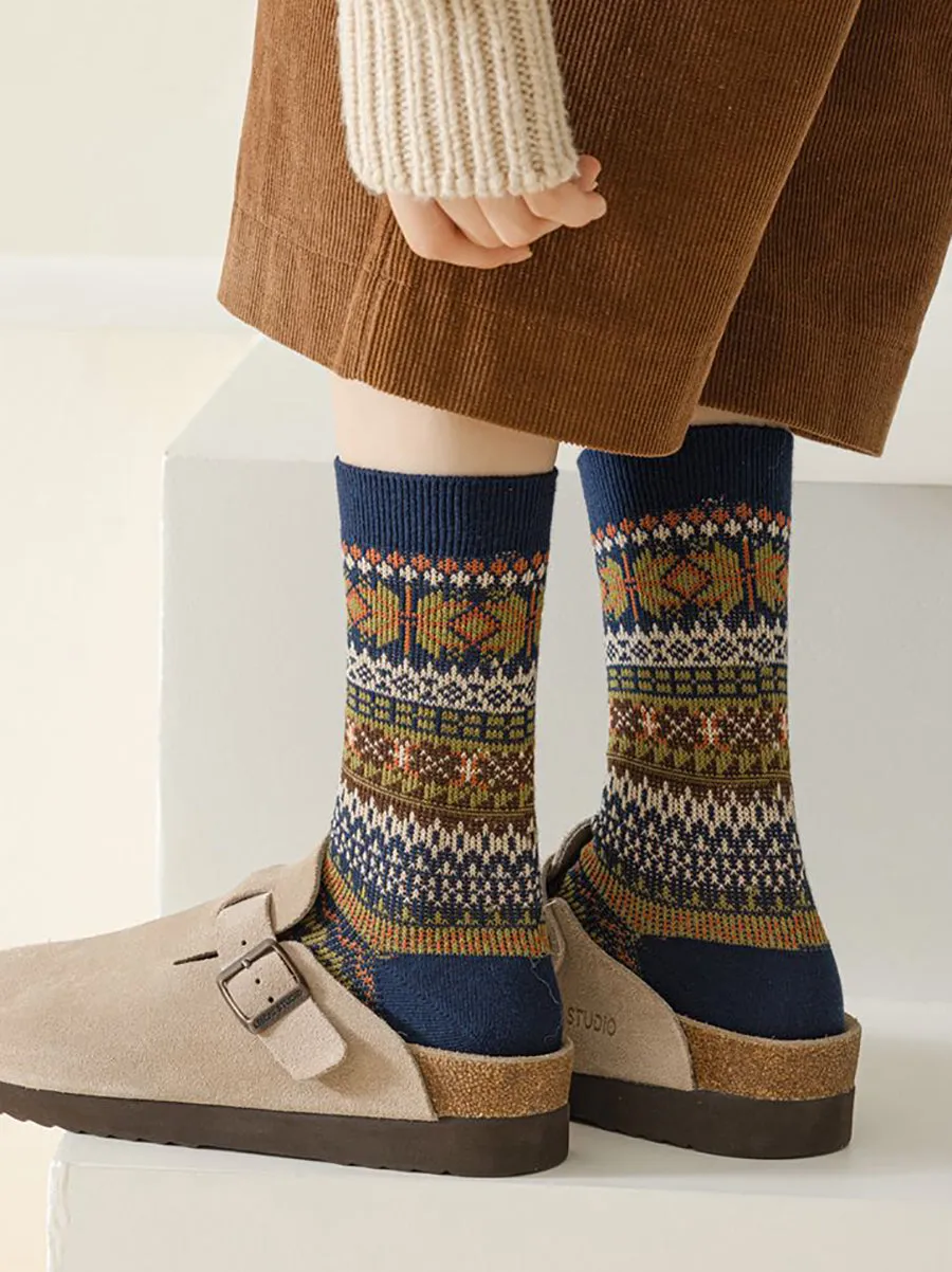 6 Pairs Women Winter Vintage Floral Knit Cotton Socks