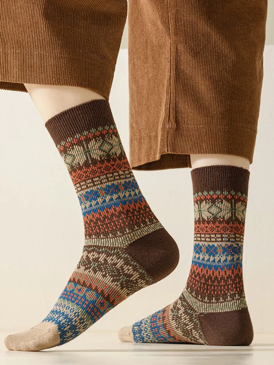 6 Pairs Women Winter Vintage Floral Knit Cotton Socks