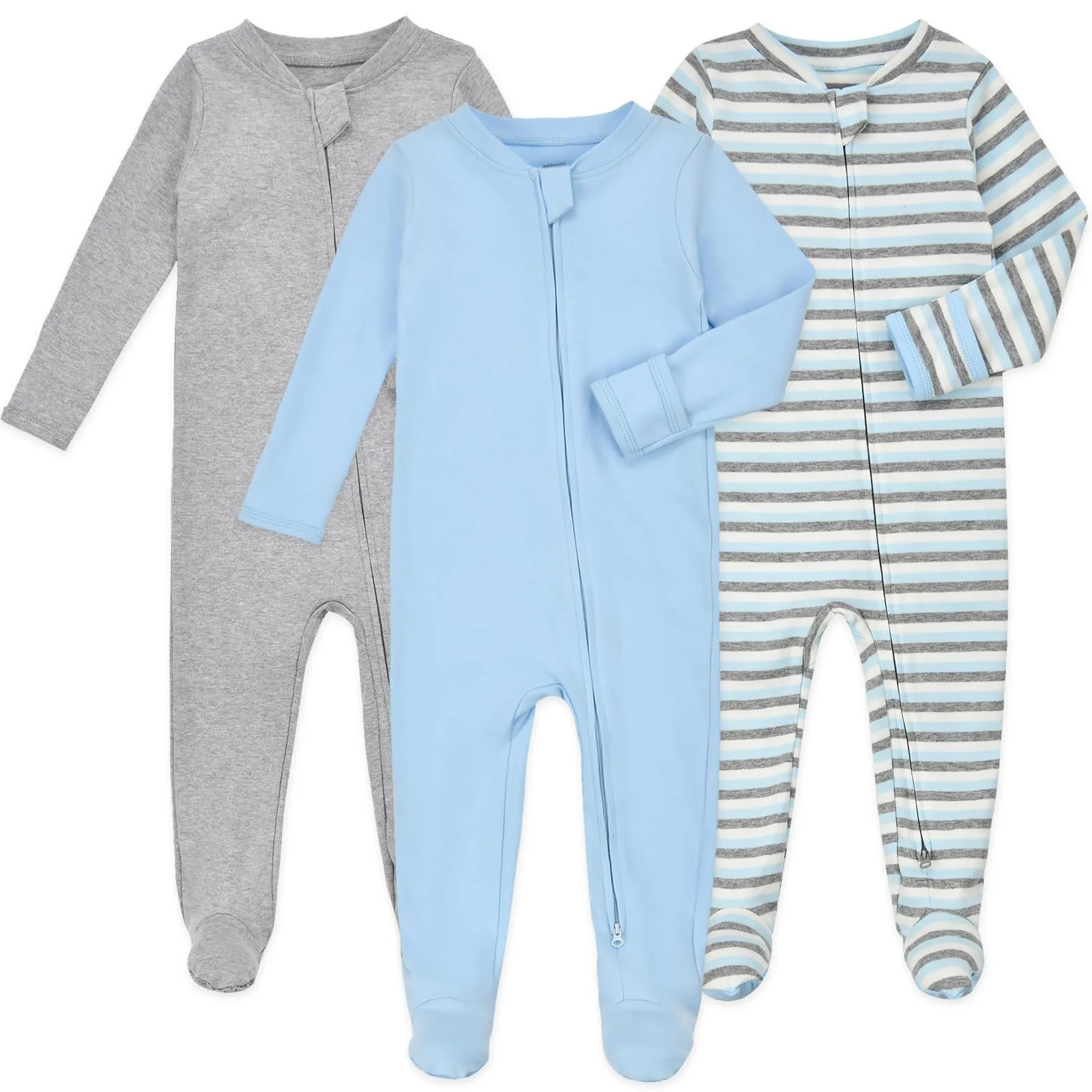 Aablexema Baby Footie Pajamas with Mittens - 3Pcs Infant Footed Sleeper Cotton Sleepwear Outfits(Blue/Grey/Stripe,12-18m)