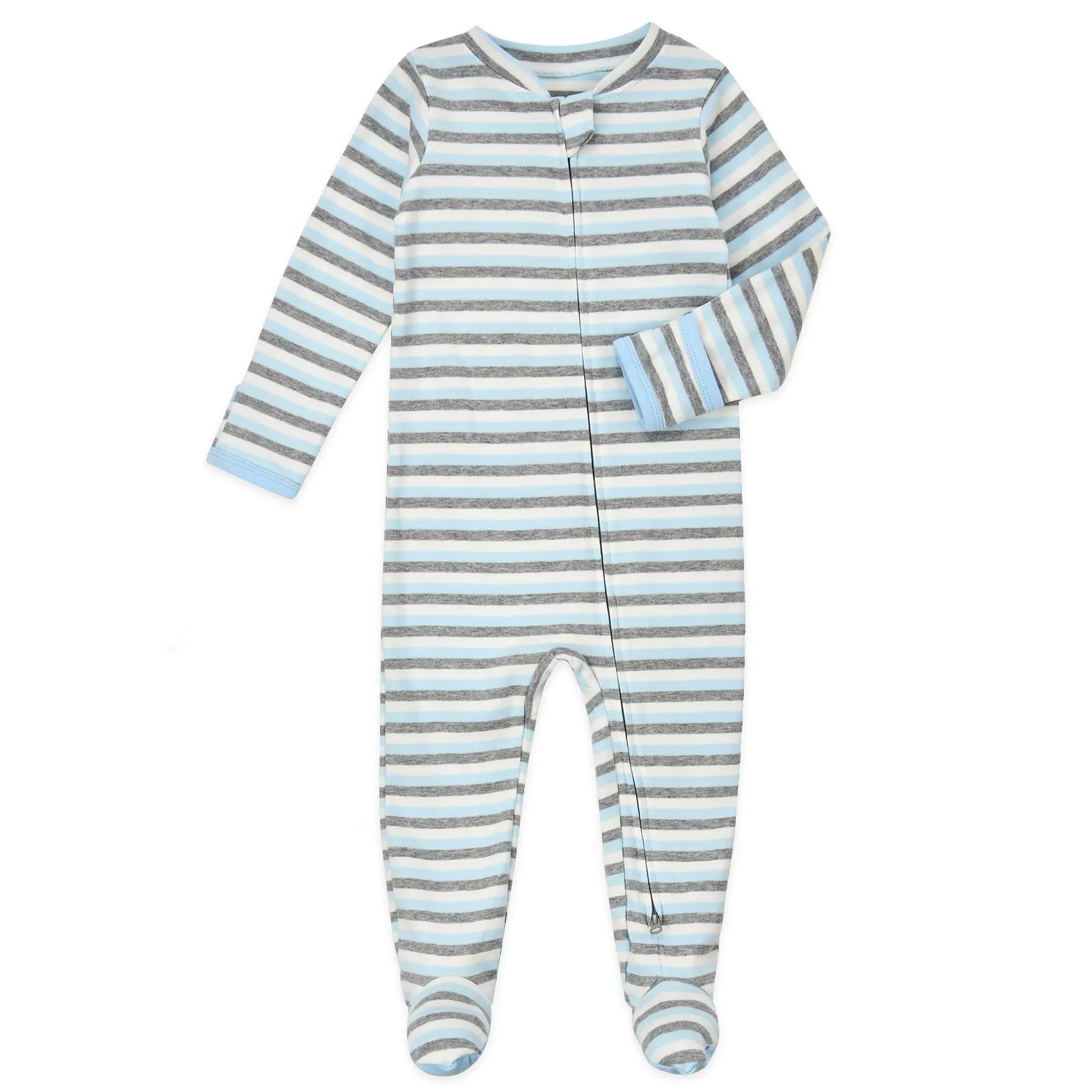 Aablexema Baby Footie Pajamas with Mittens - 3Pcs Infant Footed Sleeper Cotton Sleepwear Outfits(Blue/Grey/Stripe,12-18m)