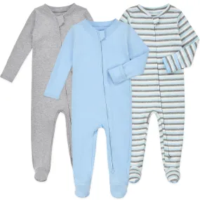 Aablexema Baby Footie Pajamas with Mittens - 3Pcs Infant Footed Sleeper Cotton Sleepwear Outfits(Blue/Grey/Stripe,12-18m)