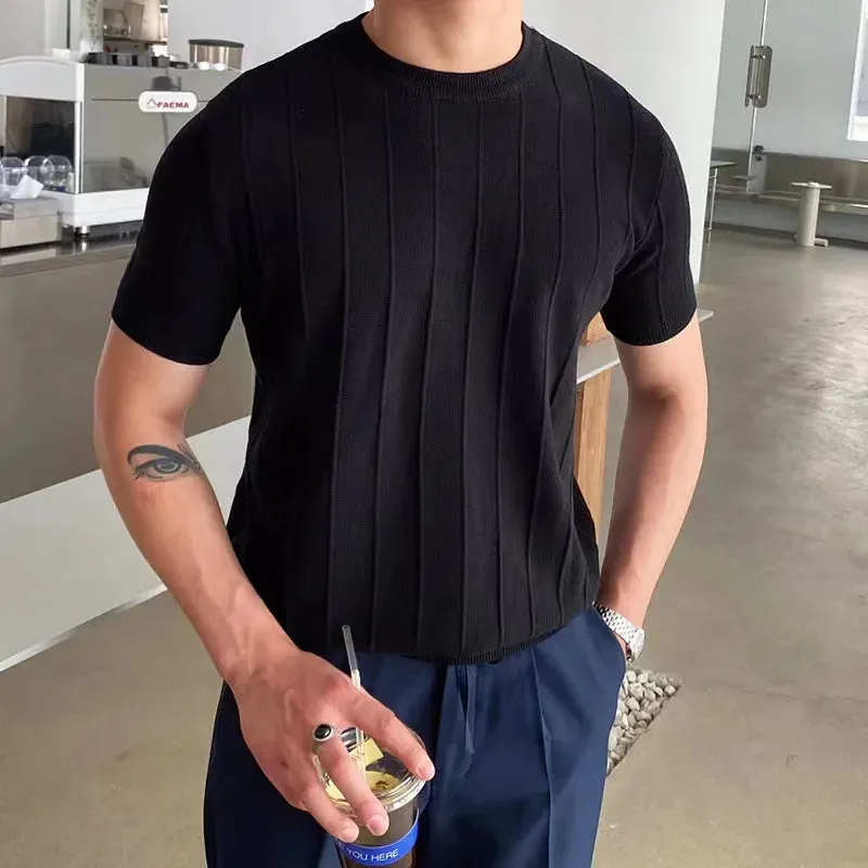 Aidase Summer Men Knit Ice silk T shirts High Quality Solid Color Stripe Short sleeve O-neck Tee Tops Mens Thin Slim Fit T-Shirts