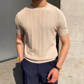 Aidase Summer Men Knit Ice silk T shirts High Quality Solid Color Stripe Short sleeve O-neck Tee Tops Mens Thin Slim Fit T-Shirts