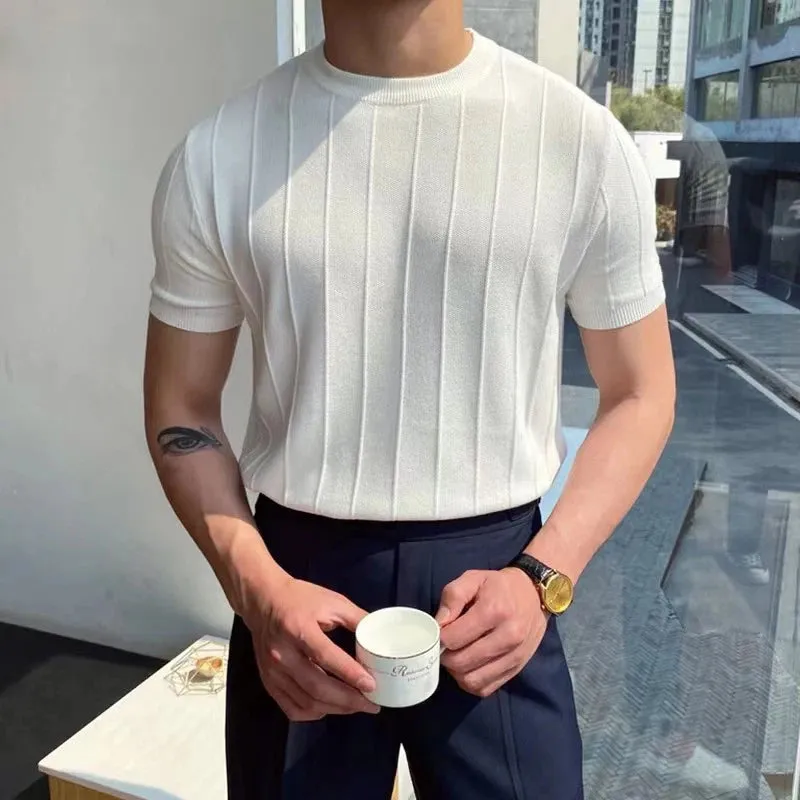 Aidase Summer Men Knit Ice silk T shirts High Quality Solid Color Stripe Short sleeve O-neck Tee Tops Mens Thin Slim Fit T-Shirts