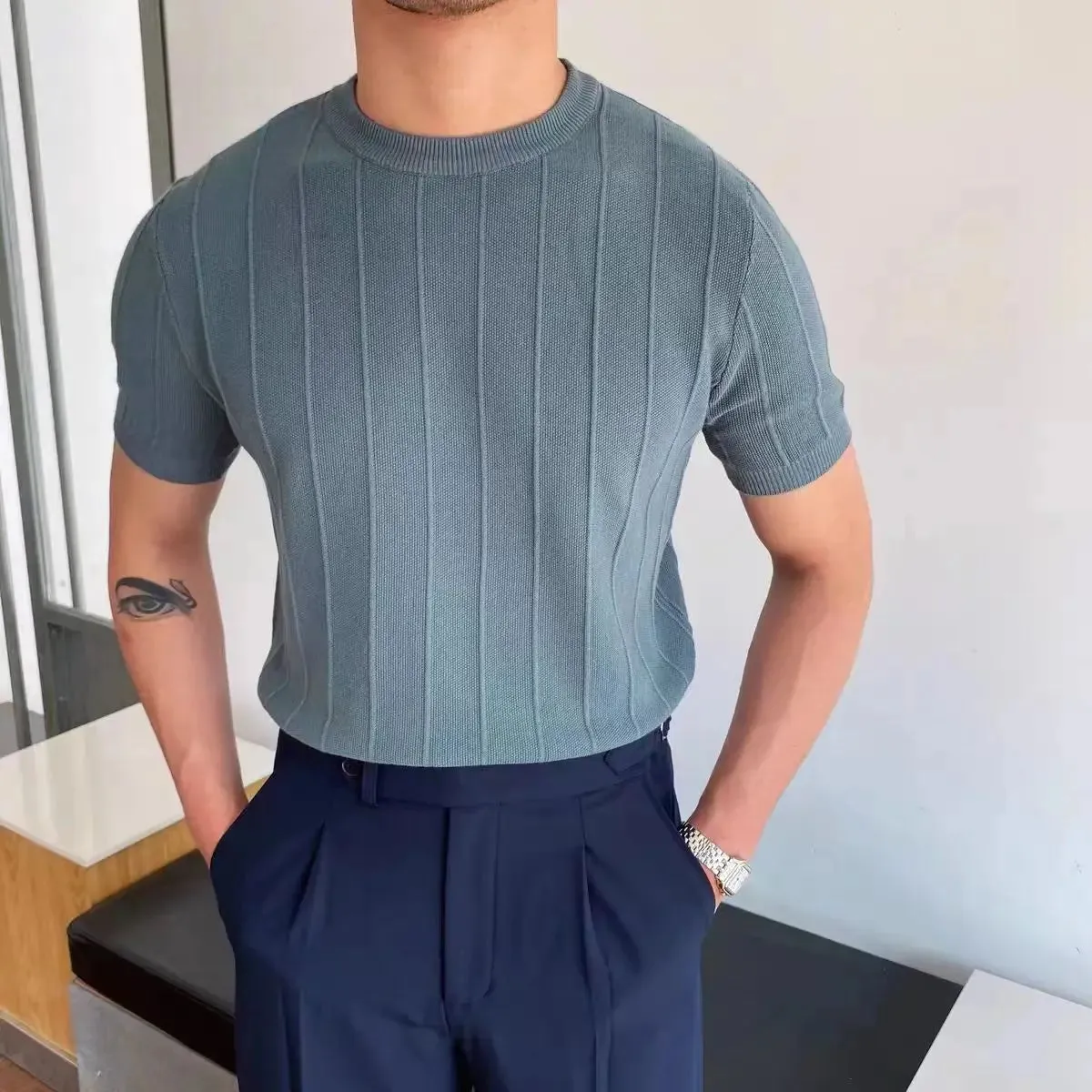 Aidase Summer Men Knit Ice silk T shirts High Quality Solid Color Stripe Short sleeve O-neck Tee Tops Mens Thin Slim Fit T-Shirts