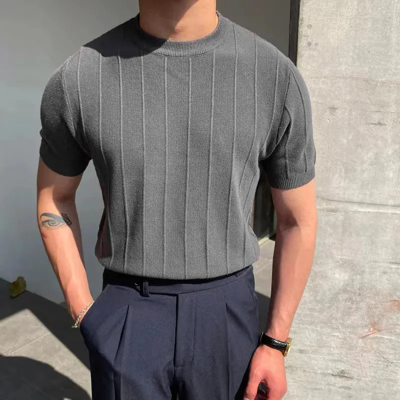 Aidase Summer Men Knit Ice silk T shirts High Quality Solid Color Stripe Short sleeve O-neck Tee Tops Mens Thin Slim Fit T-Shirts