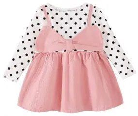 Baby Girl Polka Dots Ribbed Long-sleeve Bowknot Faux-two Dress