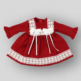 Baby Girls Red Dress With White Lace & Bows