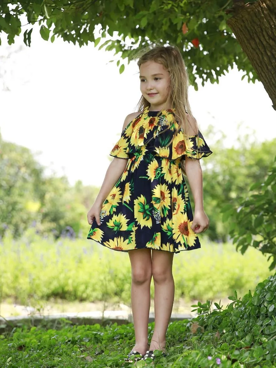 Baby Little Girl Sunflower Off Shoulder Dress New Arrival