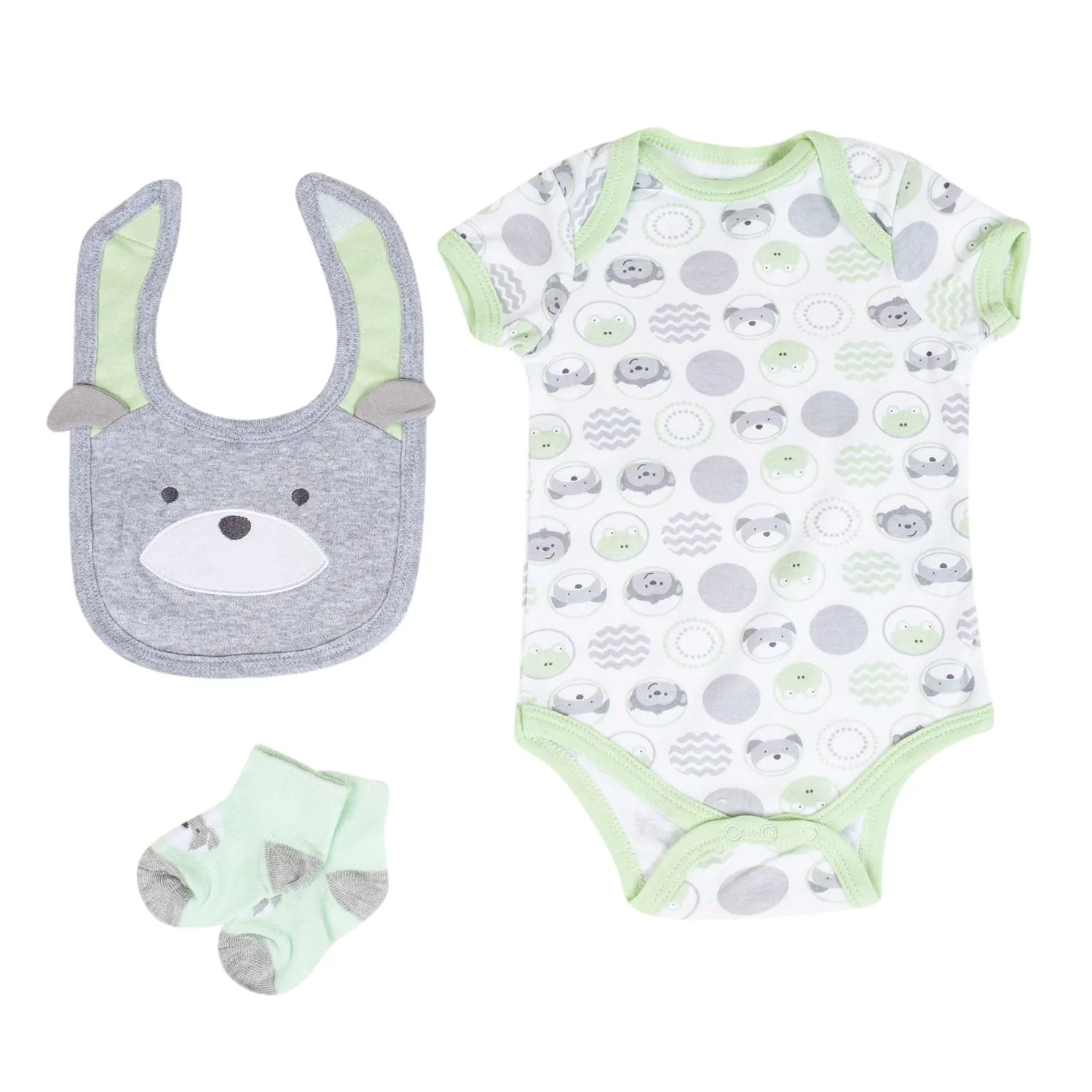 Baby Moo Peek A Boo Gift Set 5 Piece With Bodysuits, Pyjama, Bib And Socks - Green, Grey
