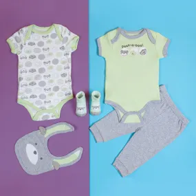 Baby Moo Peek A Boo Gift Set 5 Piece With Bodysuits, Pyjama, Bib And Socks - Green, Grey
