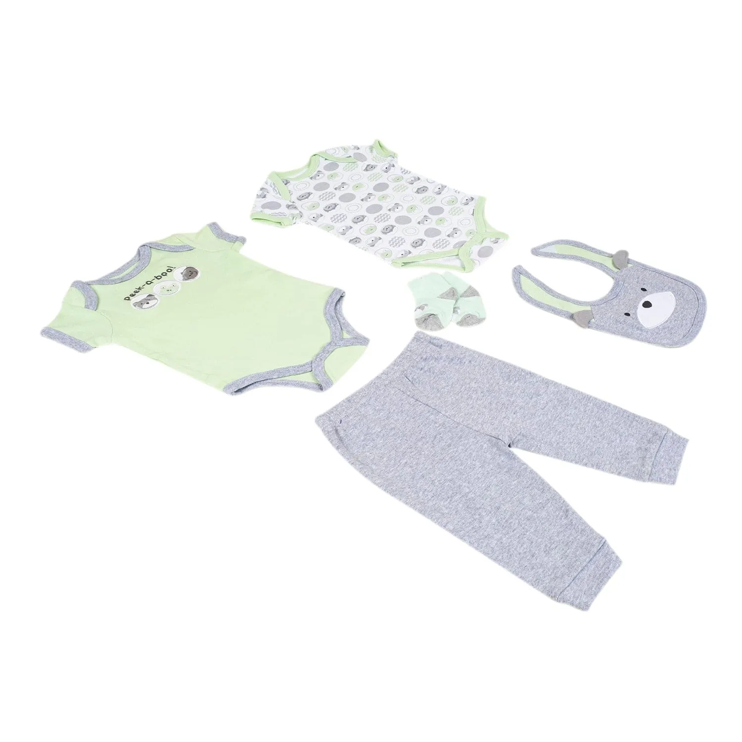 Baby Moo Peek A Boo Gift Set 5 Piece With Bodysuits, Pyjama, Bib And Socks - Green, Grey