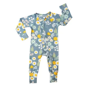 Blue Daisy Bamboo Convertible Romper Sleeper Pajamas