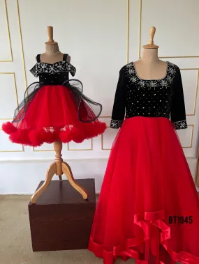BT1945 Glamorous Red and Black Mom-Baby Dress Set