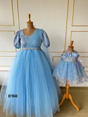 BT1948 Elegant Blue Mom and Baby Matching Dresses