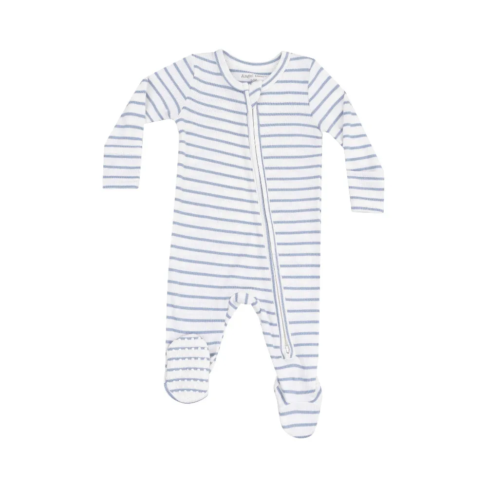 French Stripe Dusty Blue Ribbed Two-Way Zipper Footie by Angel Dear