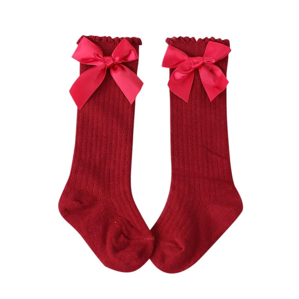 Girls Soft Cotton Big Bow Lace Knee High Long Socks