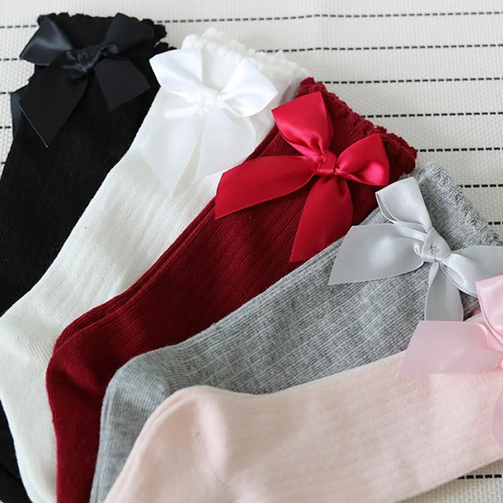 Girls Soft Cotton Big Bow Lace Knee High Long Socks