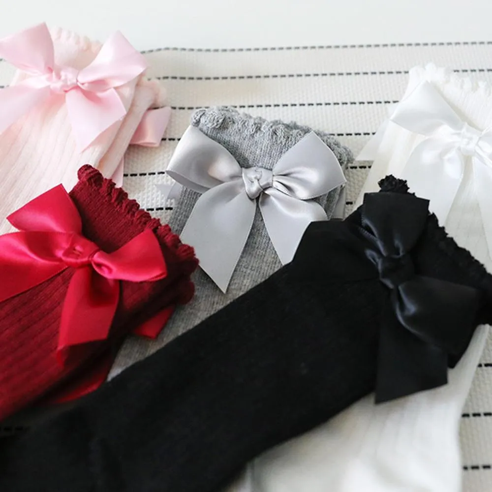 Girls Soft Cotton Big Bow Lace Knee High Long Socks