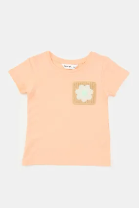 Infant Girls Peach Crochet Pocket T Shirt