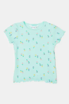 Infant Girls Teal Floral Print T-Shirt