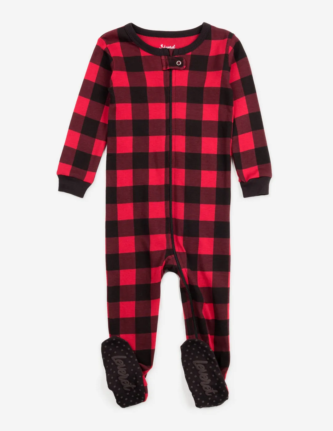 Kids Footed Cotton Pajama Black And  Red Plaid -