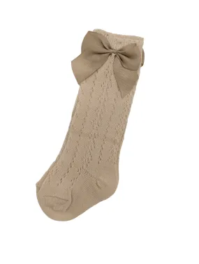 Latte Open Patterned Knee High Style Socks With 3 Inch Bow