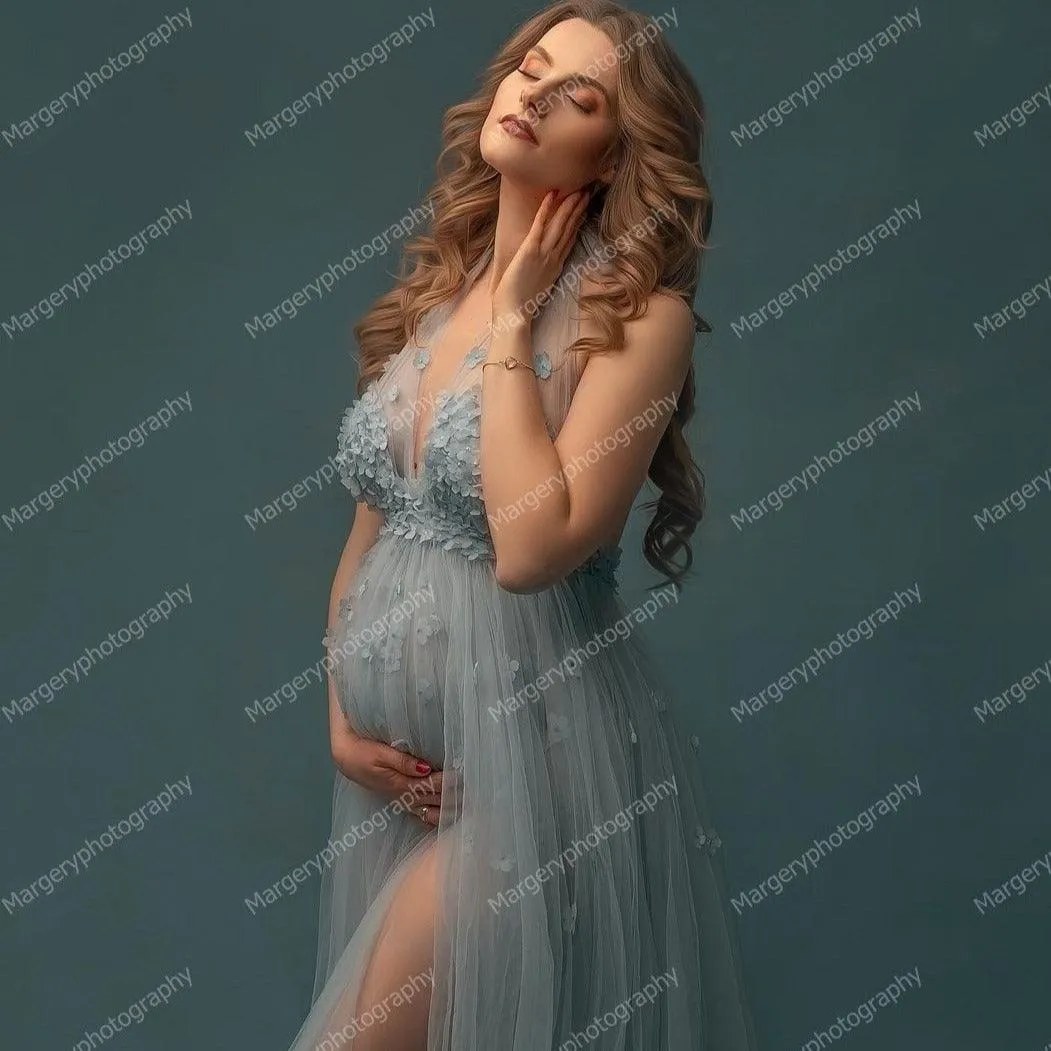 Light Blue Tulle 3D Flower Baby Shower Dress