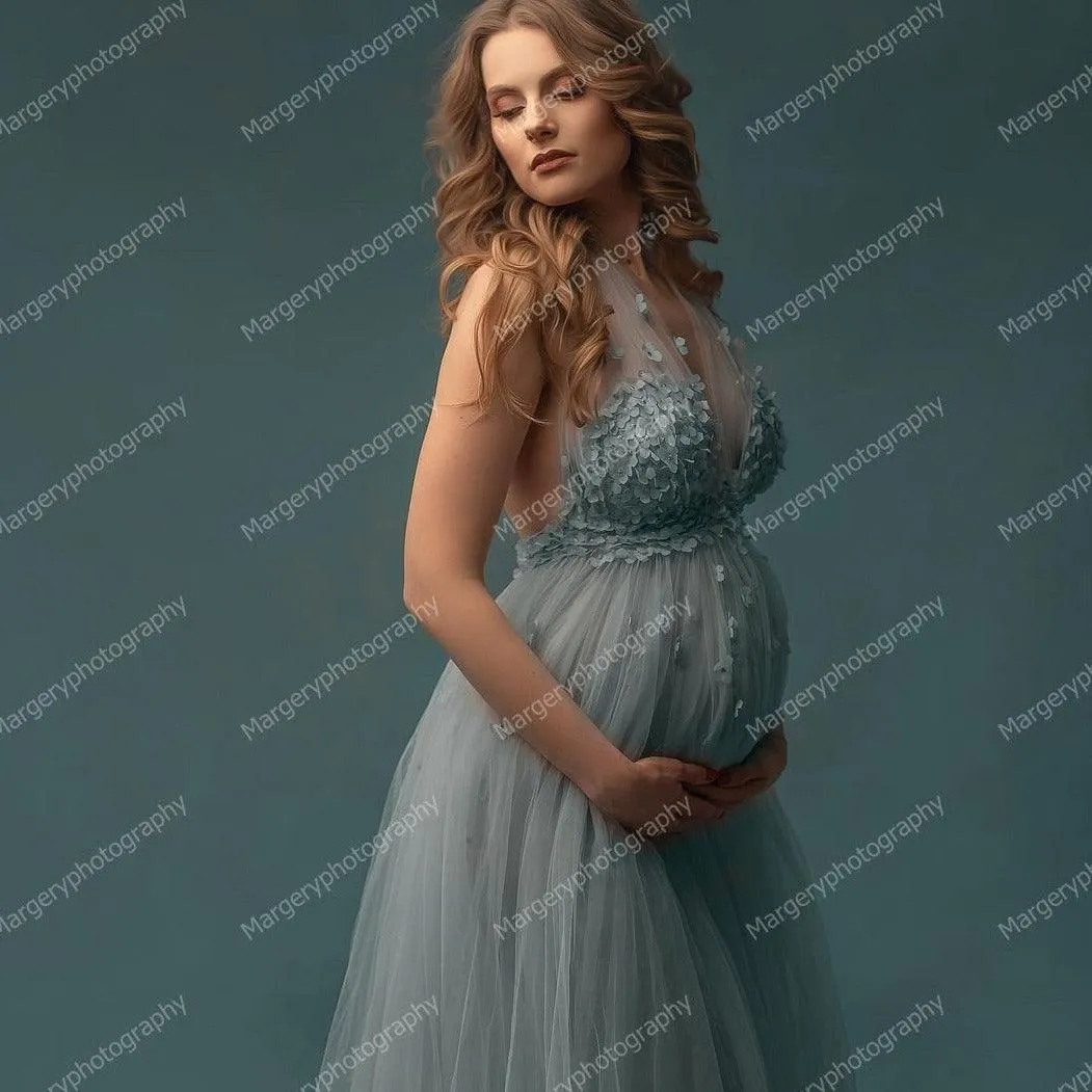 Light Blue Tulle 3D Flower Baby Shower Dress