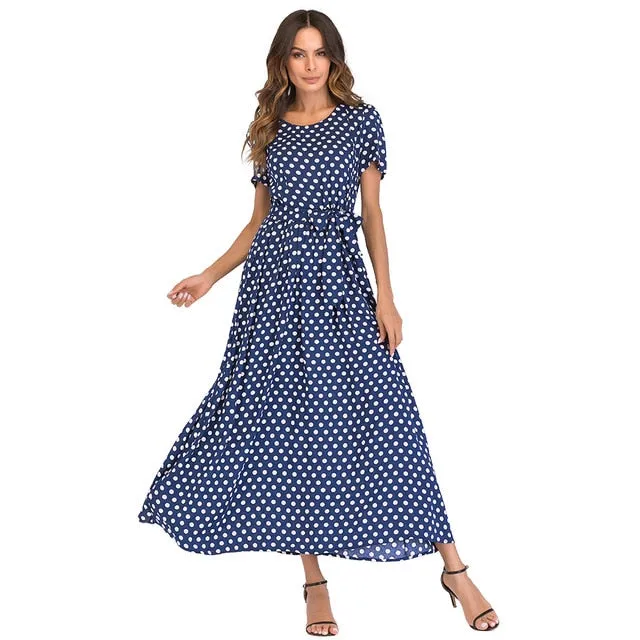 Maxi Long Dress - High Waist Vintage Polka Dot Dress