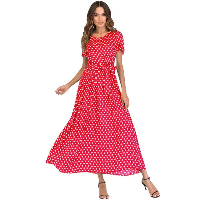 Maxi Long Dress - High Waist Vintage Polka Dot Dress