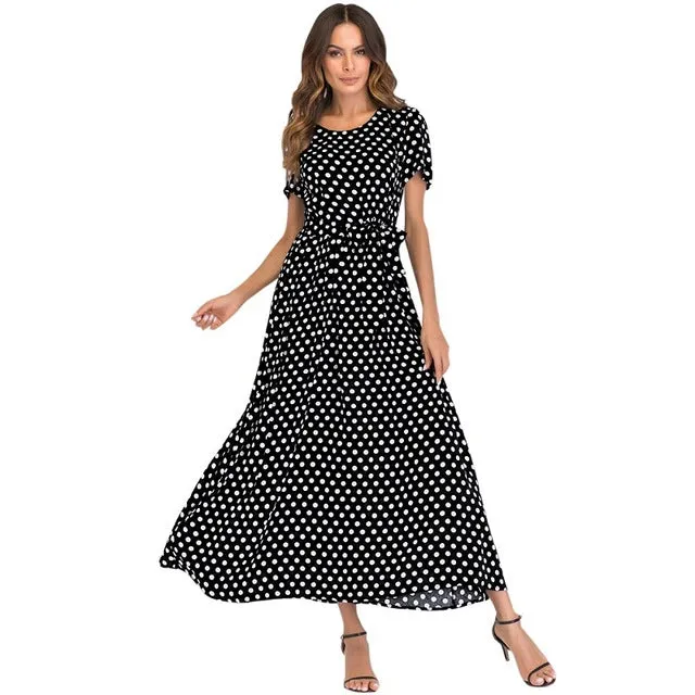 Maxi Long Dress - High Waist Vintage Polka Dot Dress