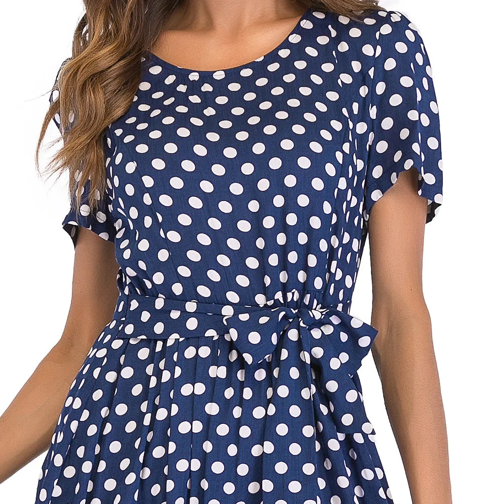 Maxi Long Dress - High Waist Vintage Polka Dot Dress