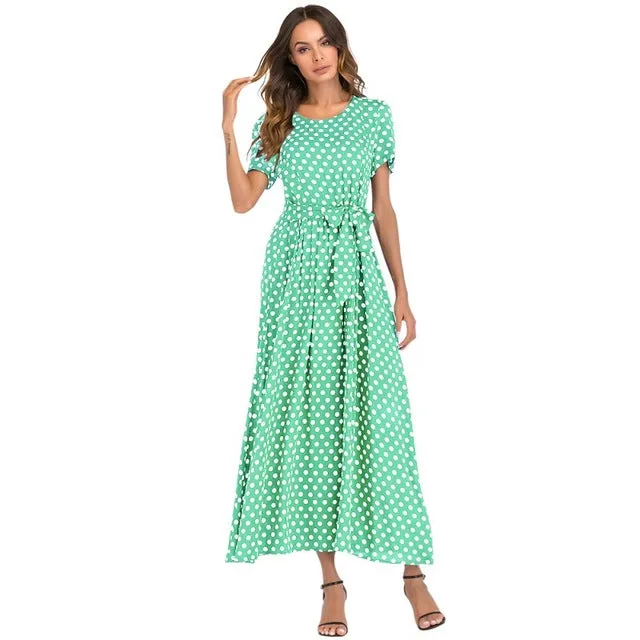 Maxi Long Dress - High Waist Vintage Polka Dot Dress